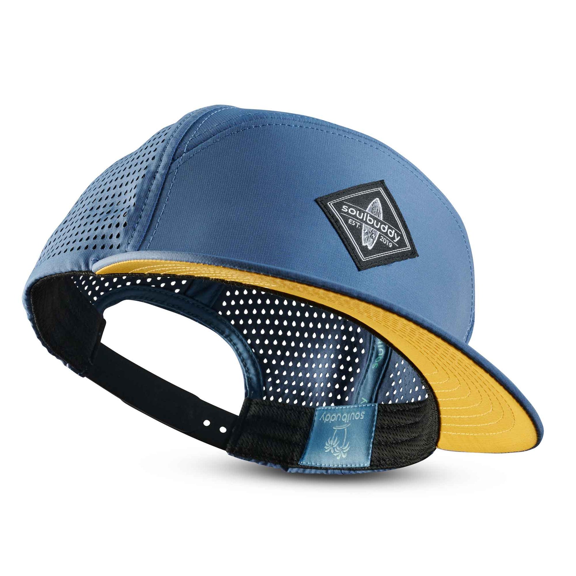 Blaue Performance Snapback Cap mit Mesh-Einsätzen und gelbem Schirm im modernen Soulbuddy Design