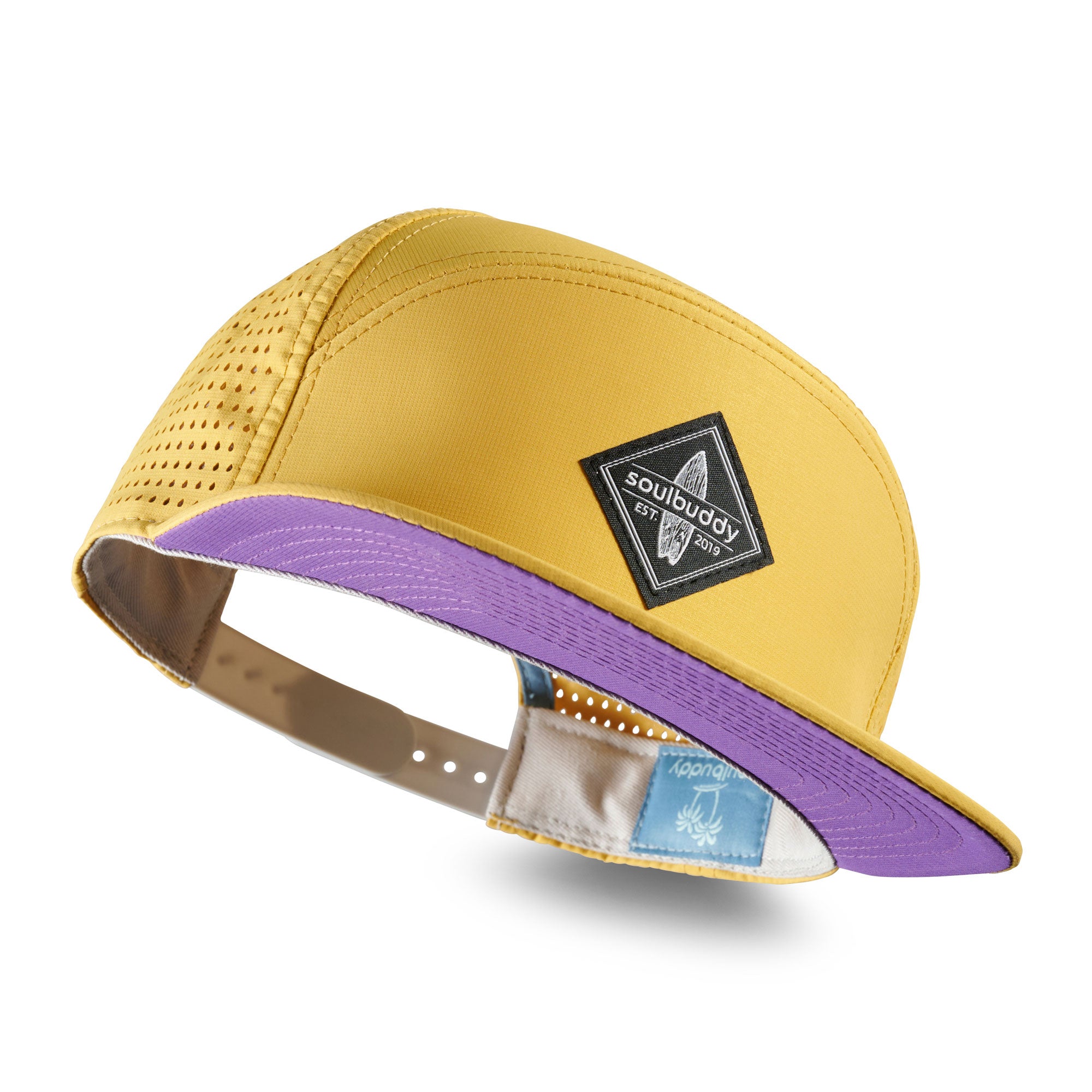 Gelbe Performance Snapback Cap mit Mesh-Einsätzen und lila Schirm im modernen Soulbuddy Design